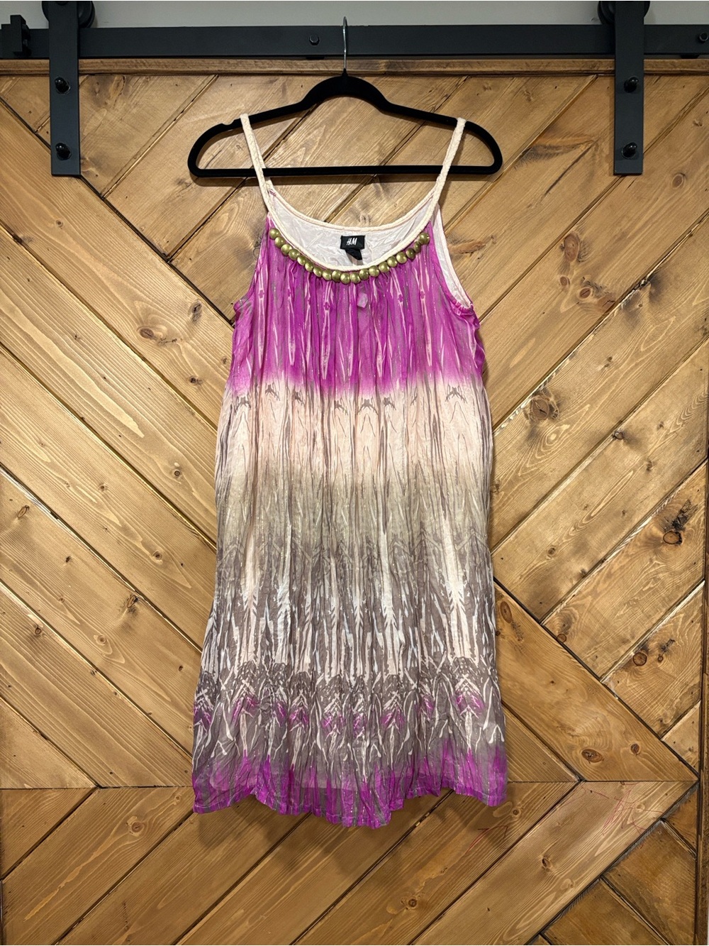 H&M Pink to Cream Ombre Beaded Spaghetti Strap Boho Dress Size 10
